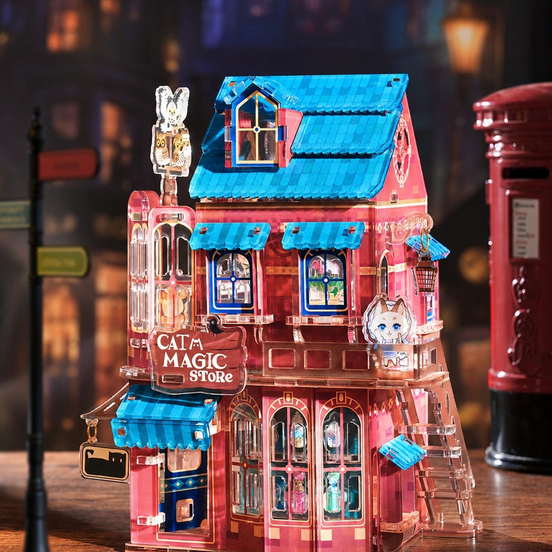 Cat Magic House TOI 23953: fachada de la tienda de magia con techo azul y gatos